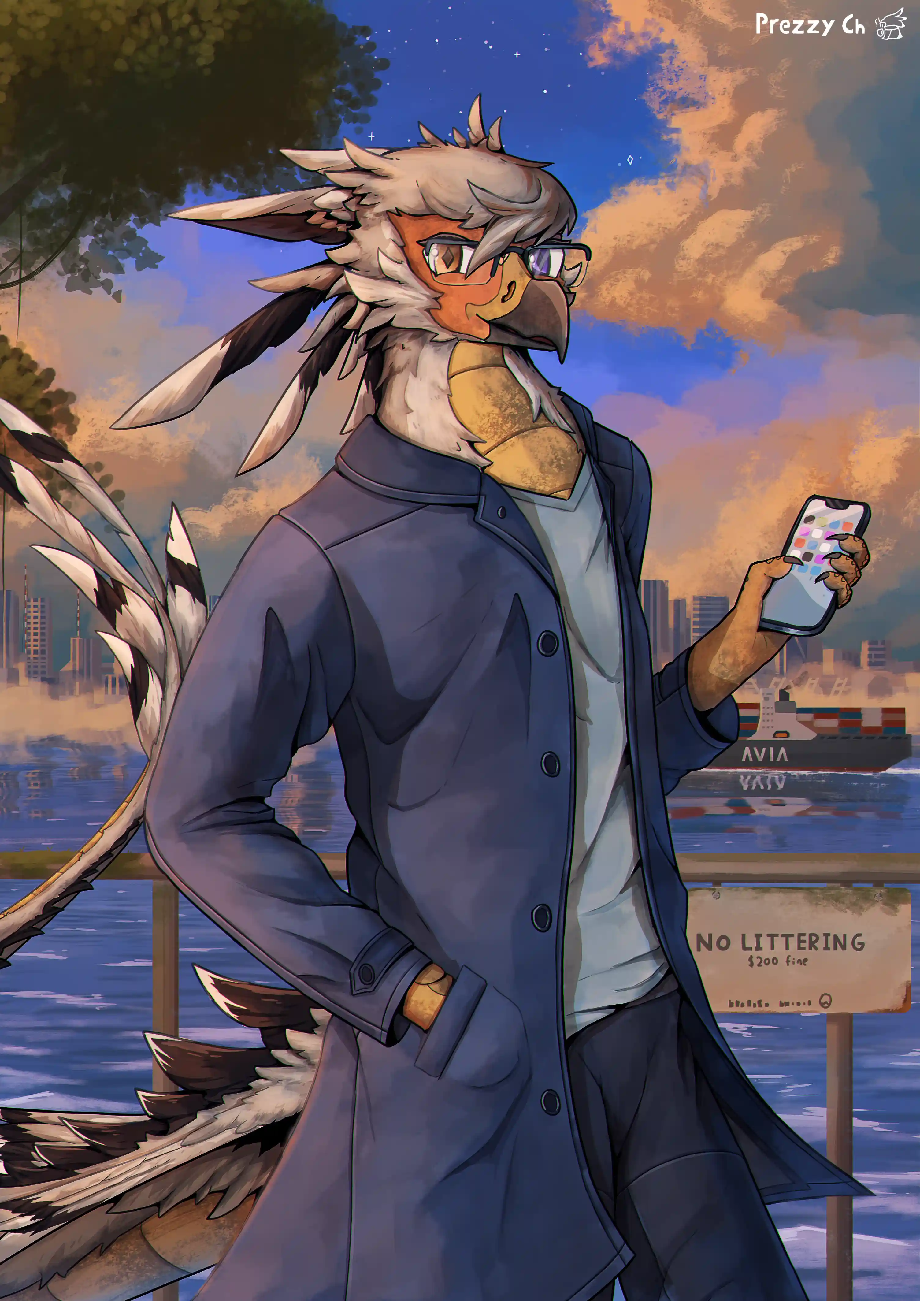 artwork named Waterfront with prezzy's OC on a railing with a city skyline in the background