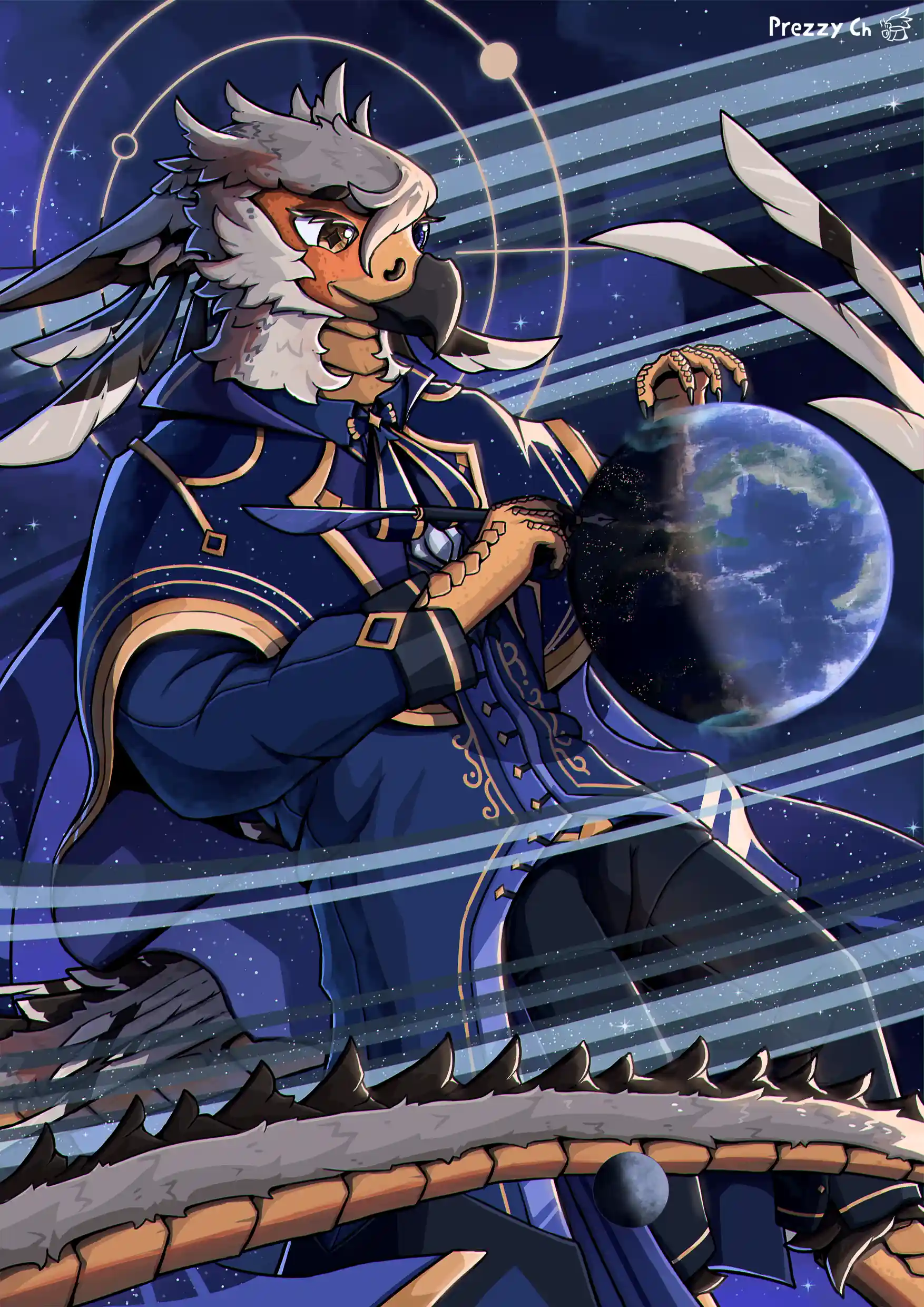artwork named Waterfront with prezzy's OC on a railing with a city skyline in the background
